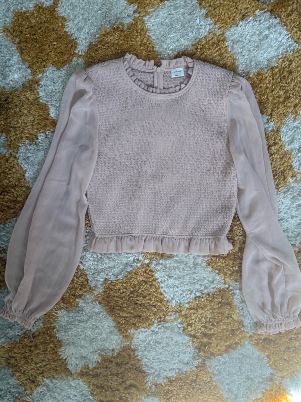 Aritzia Wilfred Light Pink Ruffle-Hem Smocked Top